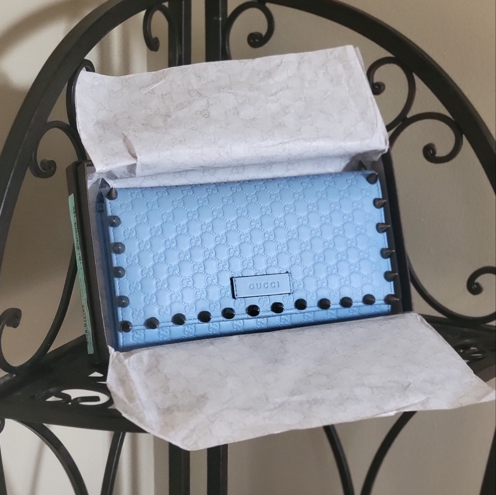 Baby Blue and Gunmetal Studded Gucci Wallet on a Chain